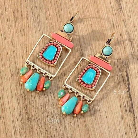 NEW Drop Dangle Earrings Colorful Turquoise Goldtone Women jewelry gift Boho - Picture 3 of 4